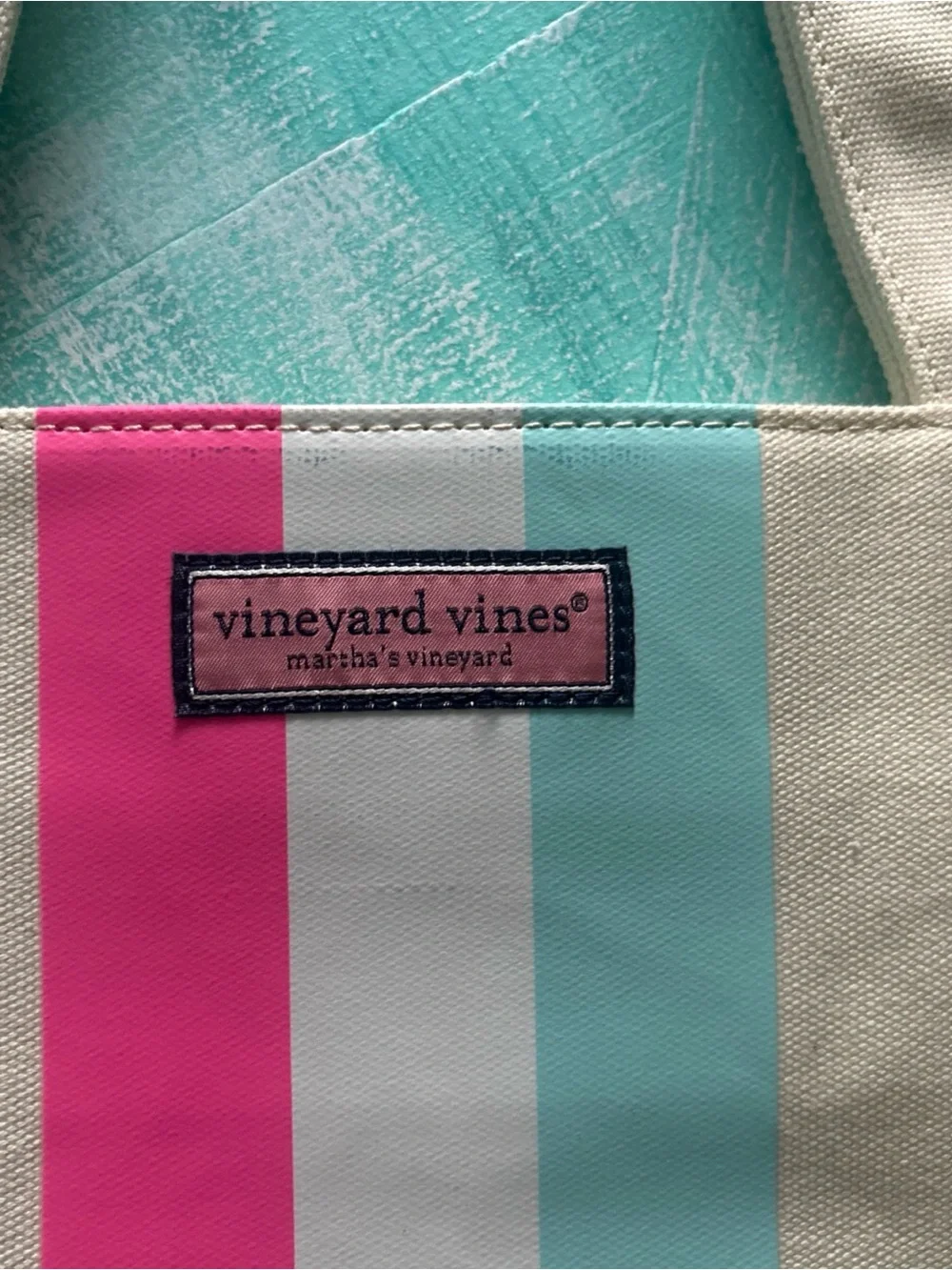 Vineyard Vines Cream Tote with Pink and Aqua Stripes